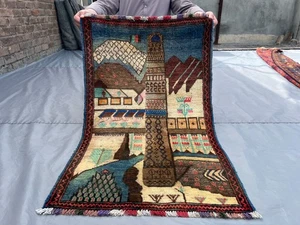 2.1x3.5 ft Vintage Afghan Rug – Hand Knotted Baluchi Pictorial Wool Art Carpet - Picture 1 of 10