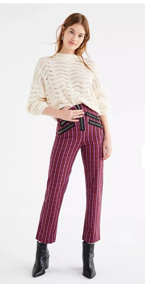 Silence Noise Womens 8 Purple Striped Malorie High-Rise Zip Pants - Image 1 of 4