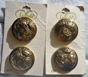 4 NOS Vintage La Mode Gold Tone Coat Buttons #3203 1-1/8" Crown & Coat of Arms - Picture 1 of 5