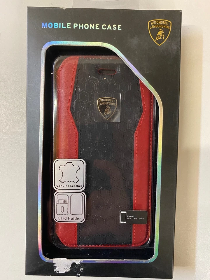Custodia cellulare Lamborghini iPhone 7 tipo libro rosso nero phone cover custodia cellulare - Immagine 1 di 1