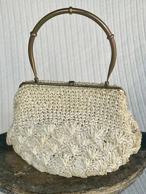 ✨RARE VINTAGE MORRIS MOSKOWITZ MM CROCHET IVORY PURSE | BAG GOLD METAL HANDLE✨ - Image 1 of 4