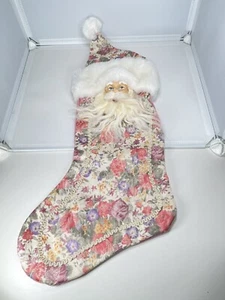 Vintage Handmade Christmas Stocking Pink Gold Roses Flower Suede Rubber Santa - Picture 1 of 3