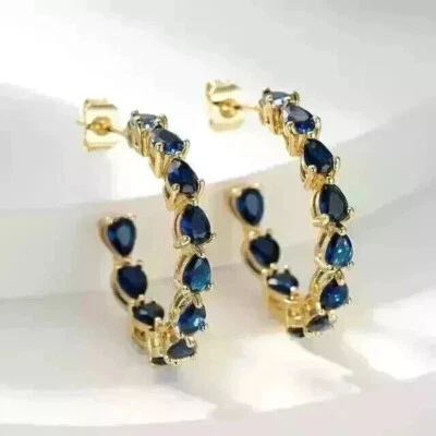 2Ct Pear Cut Lab Created Sapphire Huggie Hoop Earrings 14K Yellow Gold Plated - Image 1 of 4