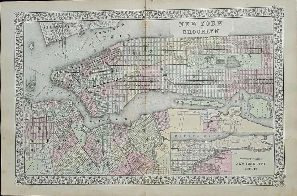 Map of New York and Brooklyn Augustus Mitchell c 1881. - Image 1 of 1