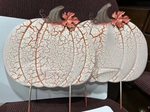 2 Pressed Metal Pumpkin Yard Stake Crackle Rustic Orange 15-3/8" tall - Picture 1 of 1