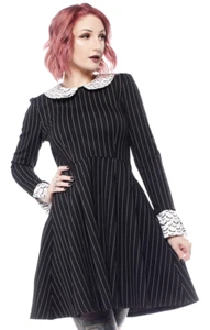 Smak Parlour Gothic Fit & Flare Nadelstreifen Fledermaus Print Bündchen Kleid XL - Bild 1 von 7