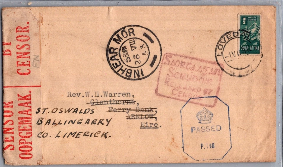 SOUTH AFRICA 1943 WWII POSTAL TRIPPLE CENSORED COVER ADDR IRELAND & POSTMARK - Image 1 of 2