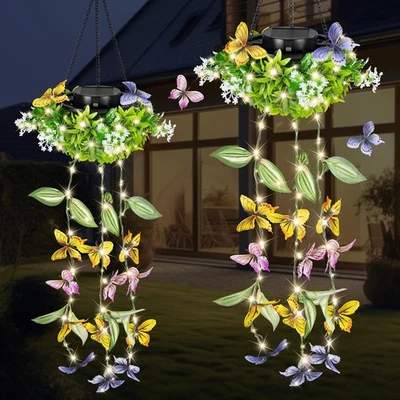 Solar Hanging Garden Lights - 2 Pack, Artificial Butterfly & Flower LED Fairy... - Image 1 of 4
