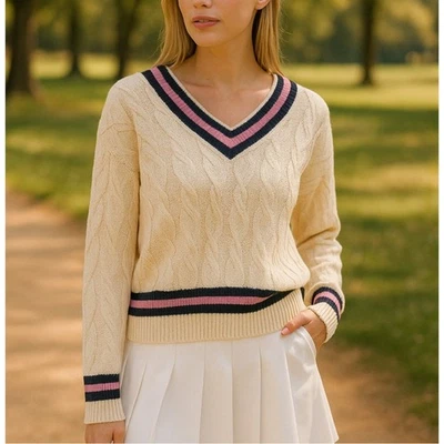 NWT Nicole Miller Cozy Cable Knit Sweater Quiet Luxury Tenniscore Preppy Sz Med - Image 1 of 4