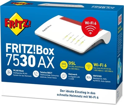 AVM FRITZ!Box 7530 AX WiFi 6 WLAN Mesh Router Dual Band 1.800MB(5GHz)&600 MBit/s - Bild 1 von 2