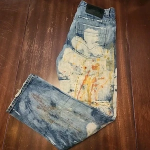 Pantalones de mezclilla desgastados con salpicaduras de pintura de graffiti azul real 34x32 grunge hip hop Y2K - Imagen 1 de 8