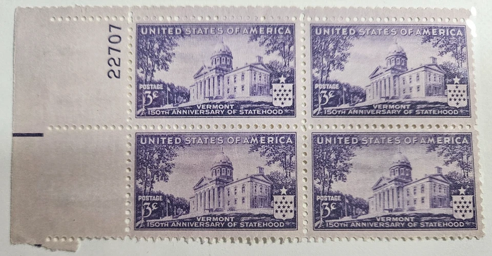 US Stamp Sc 903, 3c Vermont, Plate Blk of 4, MLH F/VF CV$3.00 (510A87) - Image 1 of 1