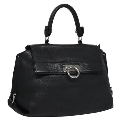 Auténtico bolso de mano Salvatore Ferragamo Gancini de cuero negro plateado BD817 Foto 1 de 4