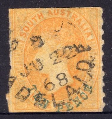 c.1868 SA Australia del Sur 10d QV DIEZ PENIQUES Azul Recargo en 9d Naranja REF:S10A Foto 1 de 2