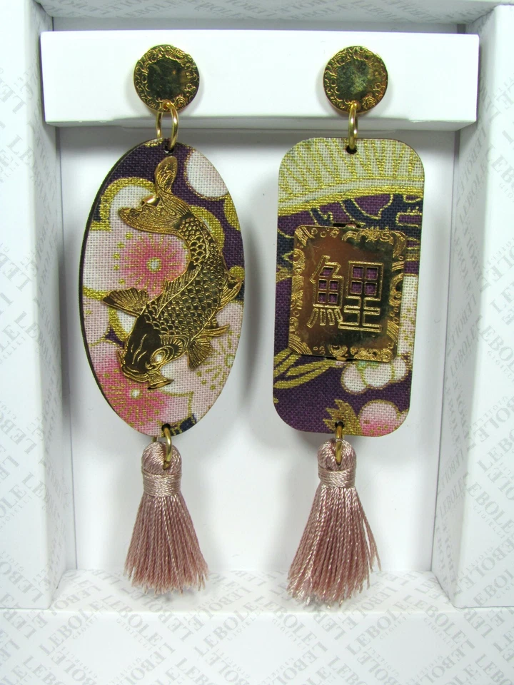 Orecchini Carpa Seta E Pelle Piccolo Rosa - Immagine 1 di 1