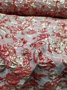Red And Gold Fabric Sold By The Yard Metallic Floral Brocade For Dress 60" W - Picture 1 of 12