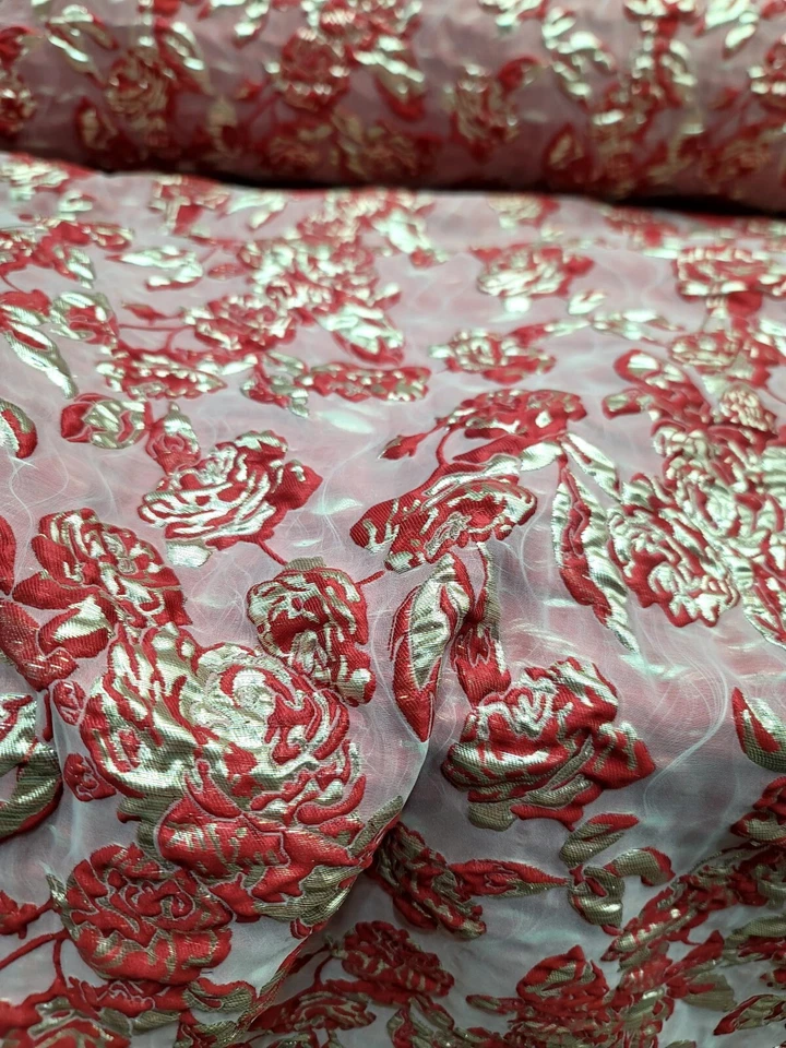 Red And Gold Fabric Sold By The Yard Metallic Floral Brocade For Dress 60" W - Image 1 of 4