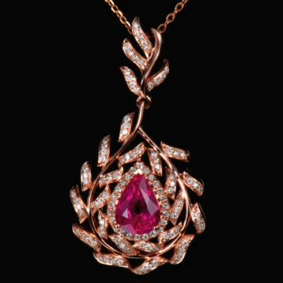 Colgante con hojas de diamantes de turmalina rosa en forma de pera natural oro rosa de 18 quilates 43 mm Foto 1 de 4