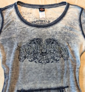 Felpa donna Harley Davidson blu sbiadita teschio maglia trasparente taglia large - Foto 1 di 10