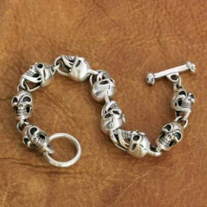 Pulsera Calaveras Detalles Plata de Ley 925 Motociclista Rock Punk Cadena TA264B - Imagen 1 de 19