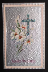 Easter Greetings Floral Cross Lilies Silver Embossed UNP Postcard c1910s - Picture 1 of 4