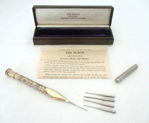 19TH C, Antique,BURNS 18K/STERLING CROCHET HOOK HOLDER, ALL ORIGINAL, box w/inst - Picture 1 of 9