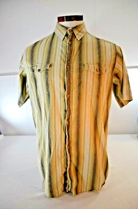 King Size Men Button Down Shirt Size Large Tall Tan Black Striped Short Sleeve - Picture 1 of 10