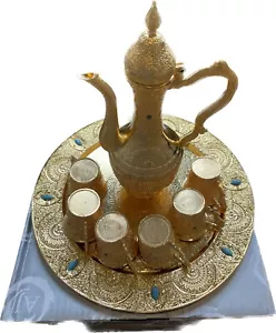 Vintage Metal Turkish Coffee Pot Set Turkish Tea Set with 6 Luxury cup -Gold - Picture 1 of 8
