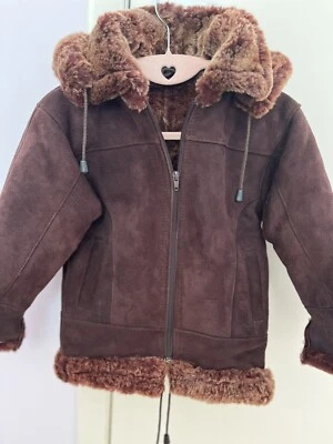 Kids Unisex Real Sheepskin Hoodie Brown Coat 4-5 Years Check Measurements - Image 1 of 3