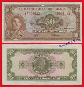 COLOMBIA 50 Pesos oro 1960 Pick 402a MBC- / F-VF - Imagen 1 de 2