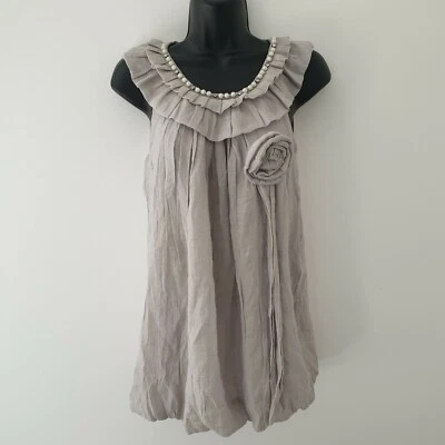 NEW LOOK GREY FRILL NECK SLEEVELESS BLOUSE TOP SIZE 8 PEARLS FLOWER SMALL Party - Image 1 of 2