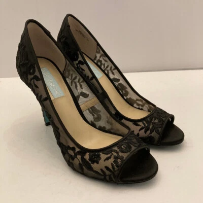 Betsey Johnson Adley Heels Black Embroidered Floral Lace Peep Toe Womens 6.5 M - Image 1 of 4