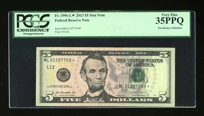 DBR 2013 $5 FRN San Francisco STAR Fr. 1996-L* PCGS 35 PPQ Serial ML01397709* - Image 1 of 2