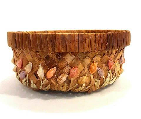 Vintage Basket Raffia Straw Weave Woven Round Flowers Cover