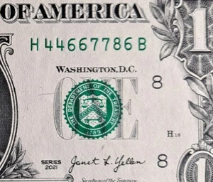 Ausgefallene Seriennummer $ 1 Bill Serie 2021 ~ 4667786 ~ (3 aufeinanderfolgende Paare) UNCIRC - Bild 1 von 3
