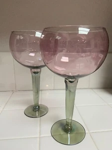 2 Green and Lilac Tiffin Glass Balloon Goblets 8.75" tall - Picture 1 of 1