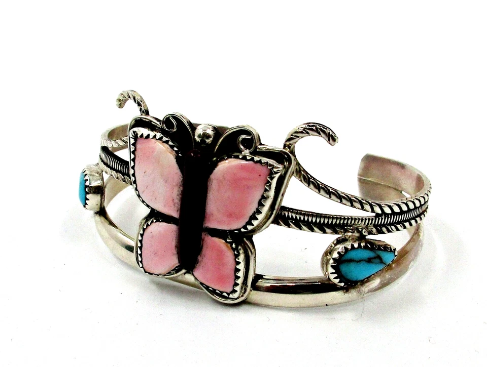 Francisco Gomez Sterling Bisbee Turquoise Butterfly Inlay Signed Cuff Bracelet - Image 1 of 4
