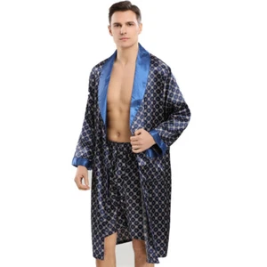 Men Gown Pajamas Set Faux Silk Satin Bathrobe Shorts Sleepwear Floral Comfort - Picture 1 of 11