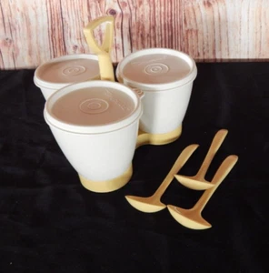 TUPPERWARE Condiment Caddy Harvest Gold Almond Cups & Lids w/3 Spoons 757 & 758 - Picture 1 of 7