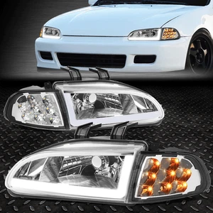 [LED DRL]FOR 92-95 HONDA CIVIC 2/3DR CHROME HOUSING HEADLIGHT AMBER SIGNAL LAMPS - Picture 1 of 12