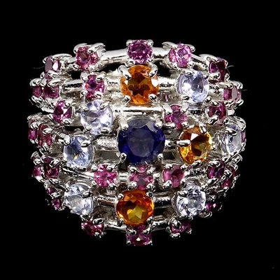 Anillo de plata de ley 925 redondo iolita citrino tanzanita piedras preciosas naturales joyería Foto 1 de 4