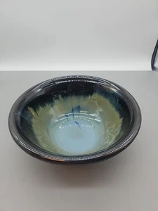 Cerámica 10" Cristalino Flambeaux Cuenco Agua y Tierra Tonos Firmado Azul Dorado - Imagen 1 de 9