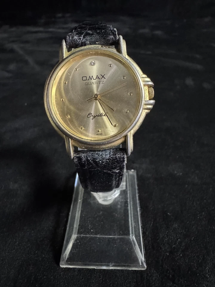 Vintage Omax Quartz Crystal Dress Watch 18K Gold Plated Japan 3ATM Black Strap - Image 1 of 4