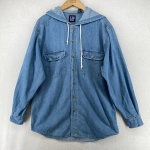 GAP Shirt Mens M Denim Hooded Button Up Long Sleeve Shacket Vintage Cotton Blue - Picture 1 of 10