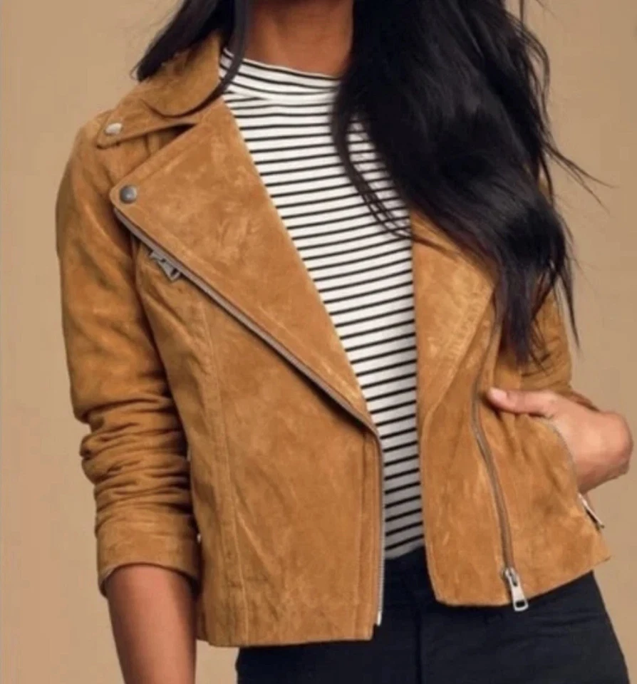 Chaqueta de moto Bagatelle NYC para mujer de cuero de gamuza genuina, marrón peluche, M, nueva con etiquetas Foto 1 de 4