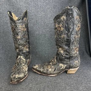 Corral Boots Womens 7 M Western Black Embroidered Inlay Crackled Snip Toe ISSUE - Picture 1 of 21