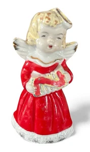 Vintage Weihnachten blonder Engel Chor spielt Musik Akkordeon rotes Kleid Figur - Bild 1 von 12