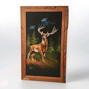 Oil Painting Black Velvet Deer Buck Hunting Hand painted Mexico VNTG Signed - Picture 1 of 15