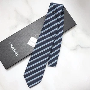 Unused cotton silk CHANEL tie navy and light blue - Picture 1 of 16