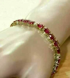 Pink Ruby Women's Tennis Bracelet 8Ct Oval Cut Lab-Created 14K Yell Gold Plated - Picture 1 of 4